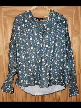 ellos Teal Floral V-Neck Long-Sleeve Blouse - Size 12